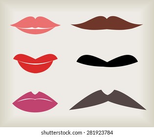 Set of lips and mustaches. Vector illustration.
