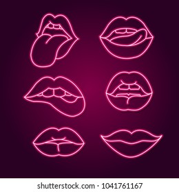 Set Lips neon sign, Set fashion neon sign. bright signboard, light banner. Vector icons
