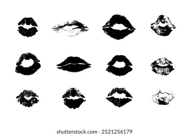 Set of Lips prints. Black lips. Different shapes female lips. Vector imprint of lipstick kiss illustration.