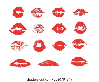Set of Lips prints. Red lips. Different shapes female lips. Vector imprint of lipstick kiss illustration.