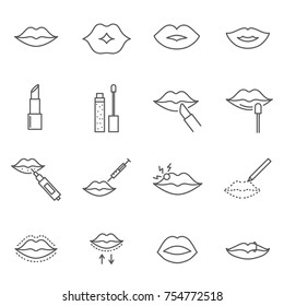 Set of lips Related Vector Line Icons. Includes such Icons as kiss, herpes, bautheac, contouring, lipstick, smile