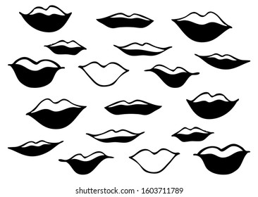 Set of lips. Simple hand drawn graphic isolated, in black lower lip on a white background. vector design. Sketch of lips of various shapes: thin, thick, smiling, chubby, sensual, arrogant. Silhouette