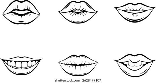 Set of lips variations black and white vector graphic for creative design