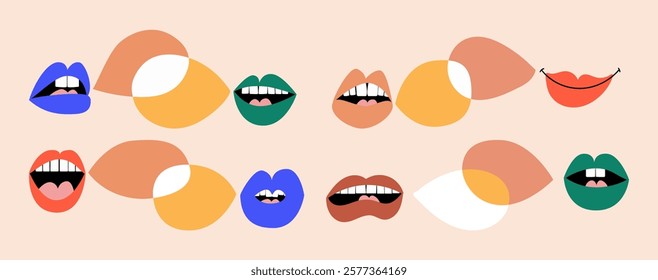Set of lips with various expressions. Empty speaking blobs. Gossip, conversation, podcast, discussion.