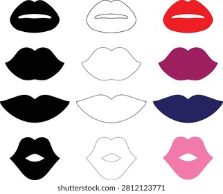 Set of lips vector illustrations in different styles and colors. Features black, outline, red, magenta, blue, and pink lips, suitable for beauty, fashion, or pop art designs and illustrations.