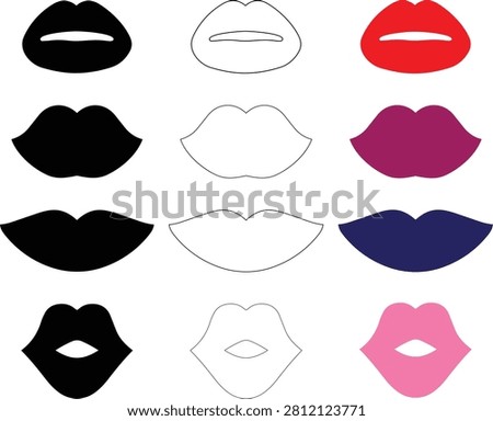 Set of lips vector illustrations in different styles and colors. Features black, outline, red, magenta, blue, and pink lips, suitable for beauty, fashion, or pop art designs and illustrations.