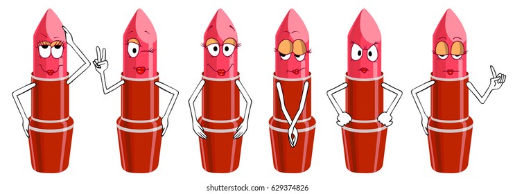 Set of Lipstick characters isolated on white background. Funny cartoon emotions (emoji) in simple gradients.