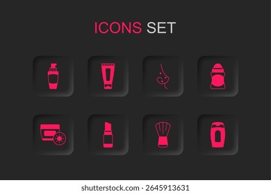 Set Lipstick, Cream or lotion cosmetic tube, Tube of hand cream, Makeup brush, Deodorant roll, Bottle shampoo, Acne and Sunscreen in icon. Vector