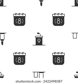 Set Lipstick, Debate podium rostrum and Calendar with 8 March on seamless pattern. Vector