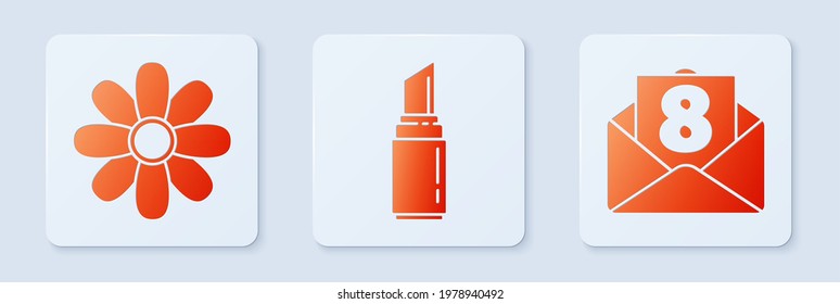 Set Lipstick, Flower and Envelope with 8 March. White square button. Vector