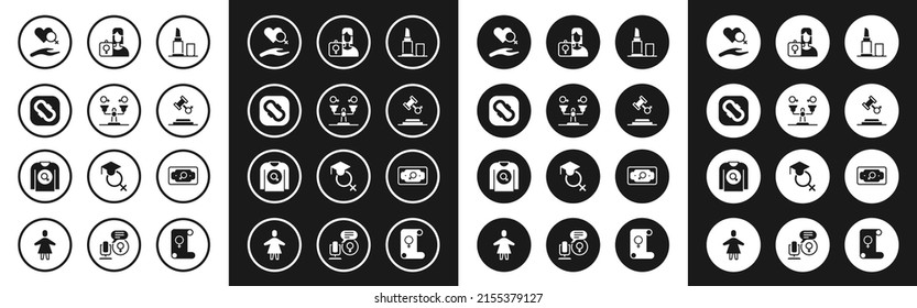 Set Lipstick, Gender equality, Sanitary napkin, Heart with female gender, Female rights, Feminist activist, Money growth woman and shirt icon. Vector