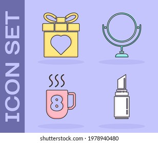 Set Lipstick, Gift box and heart, Coffee cup with 8 March and Round makeup mirror icon. Vector