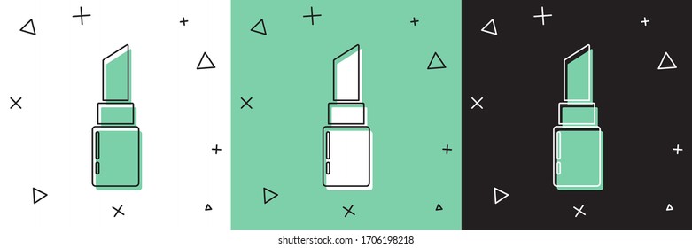 Coloque el icono de pintalabios aislado en fondo blanco y verde y negro. 8 de marzo. Día Internacional de la Mujer Feliz. Ilustración vectorial