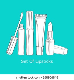 Set of lipstick and lip gloss on turquoise background