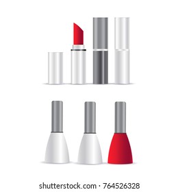 Set of lipstick and nail polish. Of isolated beauty product images with silver branding decoration. vector illustration
