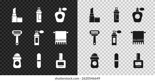 Set Lipstick, Perfume, Antiperspirant deodorant roll, Nail file, polish bottle, Shaving razor and  icon. Vector