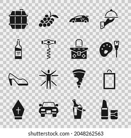 Set Lipstick, Picture, Paint brush with palette, Sport racing car, Wine corkscrew, Bottle of wine, Barrel for and Handbag icon. Vector