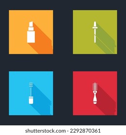 Set Lipstick, Pipette, Mascara brush and Hairbrush icon. Vector