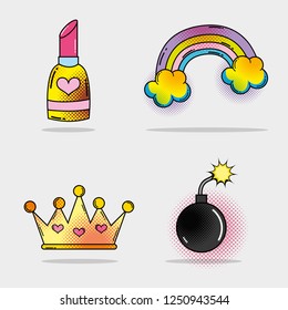 set lipstick and rainbow with clouds and bomb with crown