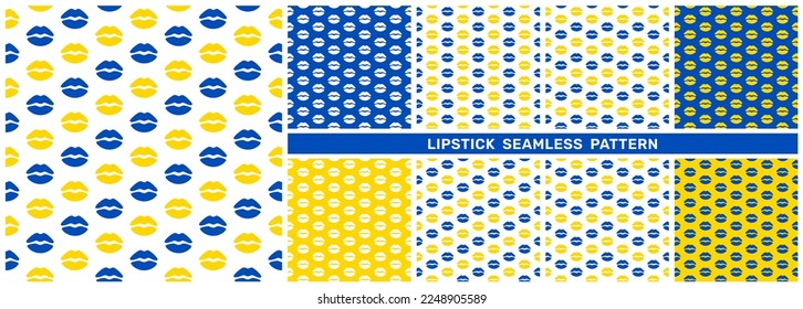 Set of lipstick seamless pattern in Ukraine flag color. Love background vector graphic illustration. Valentine seamless texture for packaging merch and wrapping paper design, decorative textile print