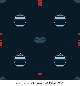 Set Lipstick, Smiling lips and Cream or lotion cosmetic tube on seamless pattern. Vector