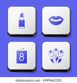 Set Lipstick, Smiling lips, Greeting card with 8 March and Flower tulip icon. White square button. Vector