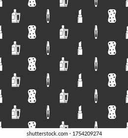 Set Lipstick, Sponge with bubbles, Cream or lotion cosmetic tube and Mascara brush on seamless pattern. Vector