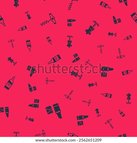 Set Lipstick, Wine corkscrew, Bottle of wine and Mannequin on seamless pattern. Vector
