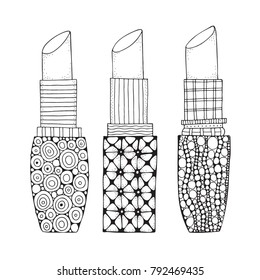 Set of lipstick in zentangle style. Coloring book page for adult. Black and white patterns. Girl's accessyare.