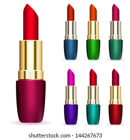Set of lipsticks in different colors on a white background
