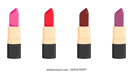  Set von Lippenstiften in verschiedenen Farben auf dem weißen Hintergrund. Rosa, rot, braun und lila Lippenstift. Vektorillustration.