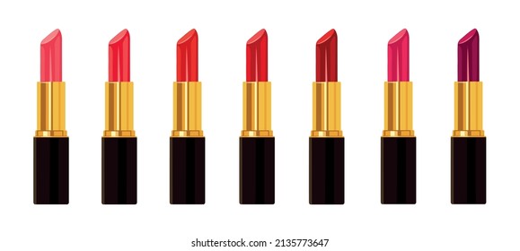 
A set of lipsticks with different shades isolated on a white background.A set of seven beautiful lipsticks.Shades of pink, red and fuchsia lipstick in a black tube with gold trim.Vector illustration