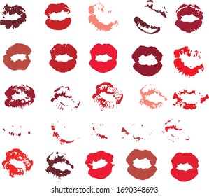 Set of lipsticks kiss in red colors isolated on white background, vector.