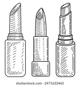 Set of lipsticks line art. Face makeup. Decorative cosmetics. Open tube. Hand drawn vector sketch illustration.