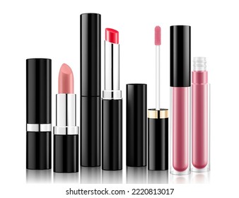 Set of lipsticks , lip balms and glosses mockup, isolated on white background. Lipsticks in trendy shades for your design, 3d realistic vector packaging illustration. Blank template of containers.