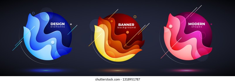 Set of liquid abstract geometric circle. Fluid gradient elements for minimal banner, logo, social post on dark background. Futuristic trendy dynamic design. Abstract background. Eps10 vector.