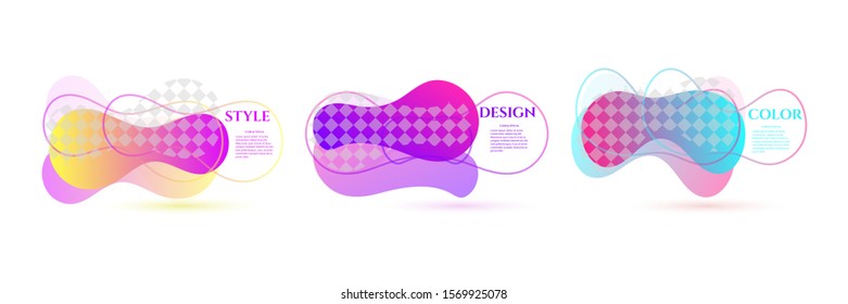 Set of liquid, abstract shapes. Dynamic color shapes and lines with light gradient transition. Isolated on white background. Vector illustration