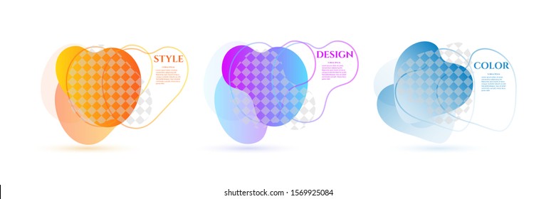 Set of liquid, abstract shapes. Dynamic color shapes and lines with light gradient transition. Isolated on white background. Vector illustration