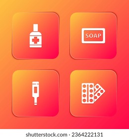 Set Liquid antibacterial soap, Bar of, Medical thermometer and Pills in blister pack icon. Vector