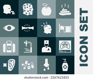 Set Liquid antibacterial soap, Lungs x-ray, Hospital bed, Apple, Bone pain, Blindness, Vomiting man and Man having headache icon. Vector