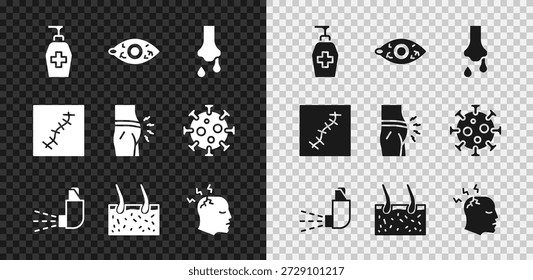 Set Liquid antibacterial soap, Reddish eye, Runny nose, Inhaler, Hair covering skin, Man having headache, Scar with suture and Abdominal bloating icon. Vector