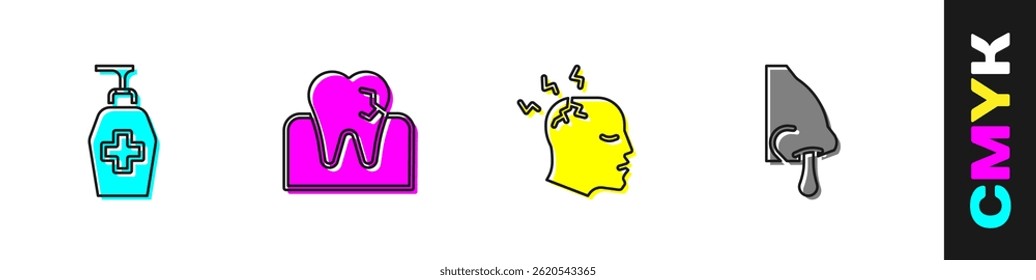 Set Liquid antibacterial soap, Tooth with caries, Man having headache and Runny nose icon. Vector
