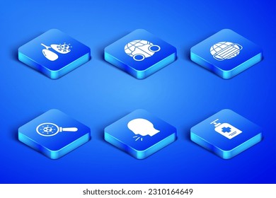 Set Liquid antibacterial soap, Virus cells in lung, Man coughing, under magnifying glass, Earth with medical mask and  icon. Vector