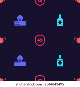 Set Liquid antibacterial soap, Wet wipe pack, Shield protecting from virus and Medical protective mask on seamless pattern. Vector