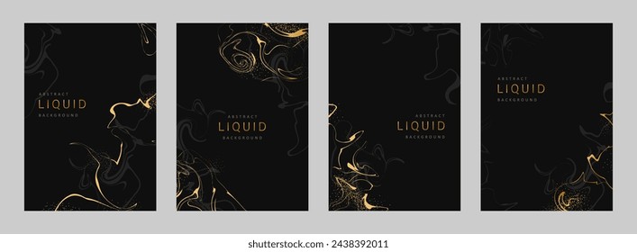 Set of Liquid backgrounds. Luxury Marble stone texture with glowing golden veins. Futuristic posters with abstract lines. Vector minimalistic illustration.