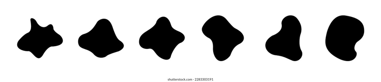 Set of liquid black blots or blobs in flat style. Spot shape template for design. Collection of liquid random shapes. Black spot on a white background. Vector illustration.