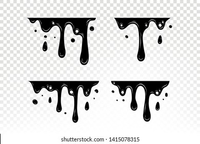 Set of liquid black paint, ink brush strokes isolated on transparency background. Melted graphic elements. Ink drop. Vector illustrations.