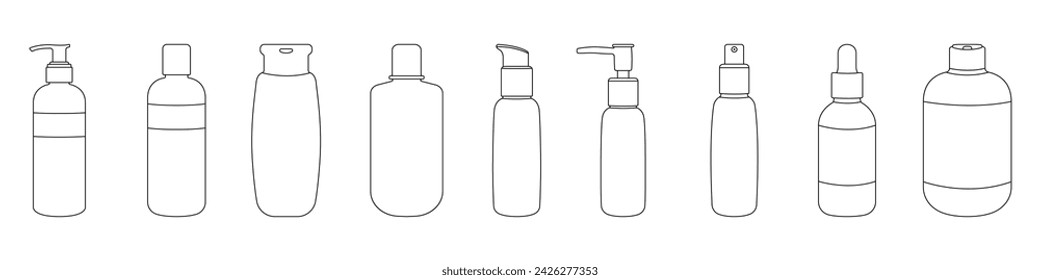 Set of liquid bottles with a dispenser vector. bottles for body care vector. Cosmetic containers for personal hygiene in linear style vector. Self care vector.