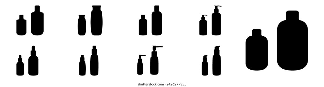 Conjunto de botellas de líquido con un vector dispensador. botellas para el vector de cuidado corporal. Contenedores cosméticos para la higiene personal en estilo lineal vector. Vector de autocuidado.