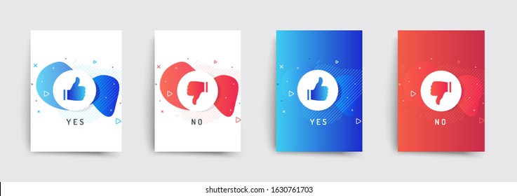 Set of liquid brochures templates. Thumb up and thumb down icons set. Yes or no? Red and blue colors. Applicable for gift card, banners, social media.